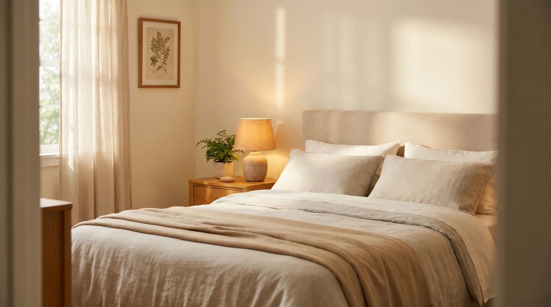 White Dove bedroom with layered linen bedding, honey oak nightstand, and warm lamp light showing soft cream undertone