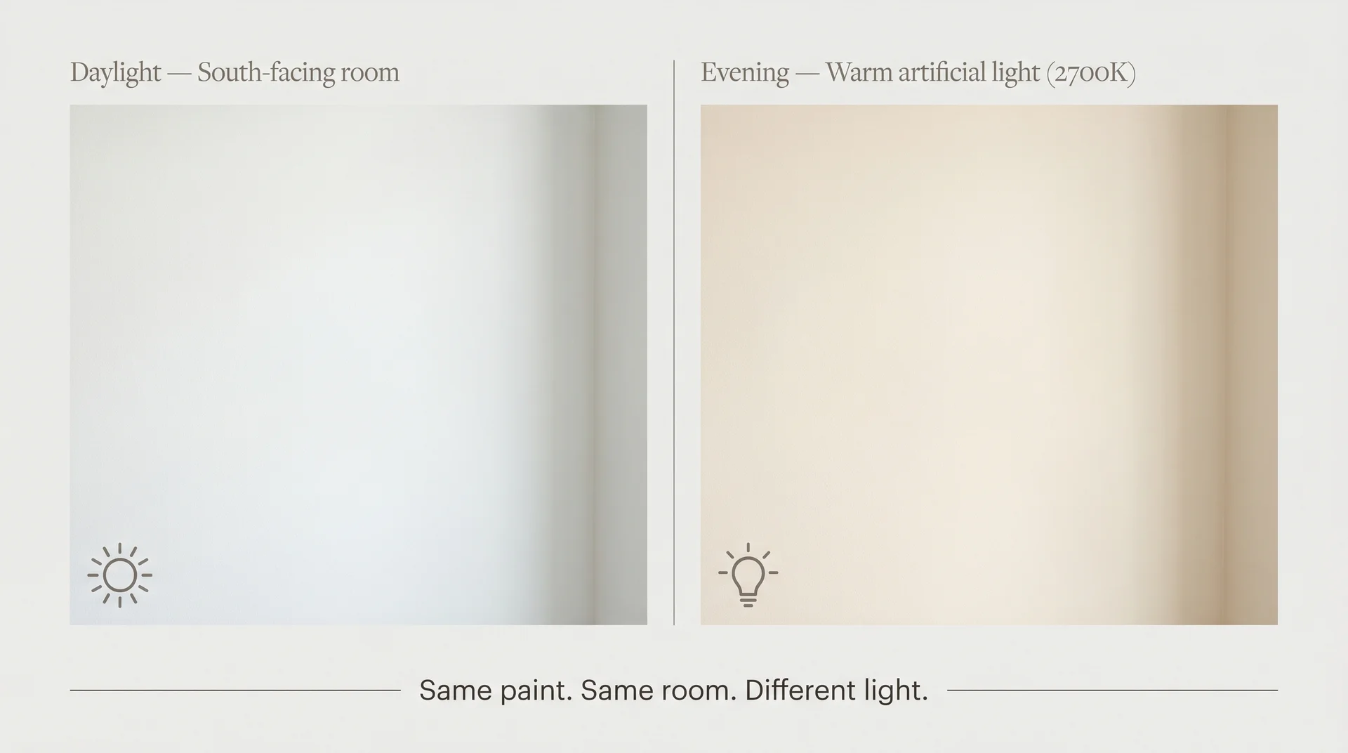 White Dove wall shown in natural daylight versus warm artificial light, illustrating undertone shift 
