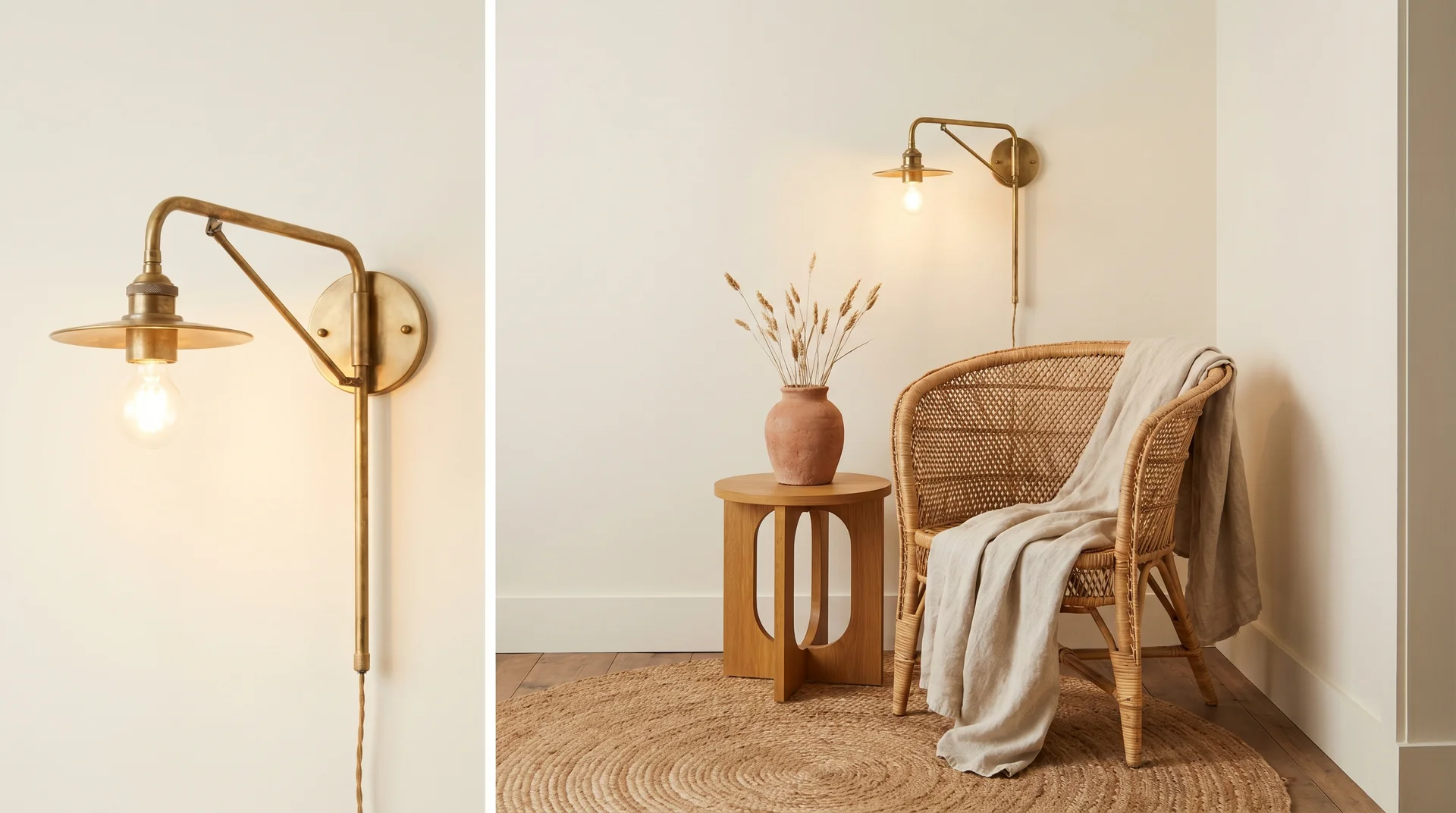 White Dove walls styled with jute rug, rattan chair, terracotta ceramics, and brass accents showing warm material pairing