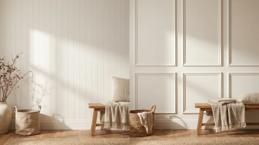 White board and batten wall beside raised-panel wainscoting in a bright, warm entryway