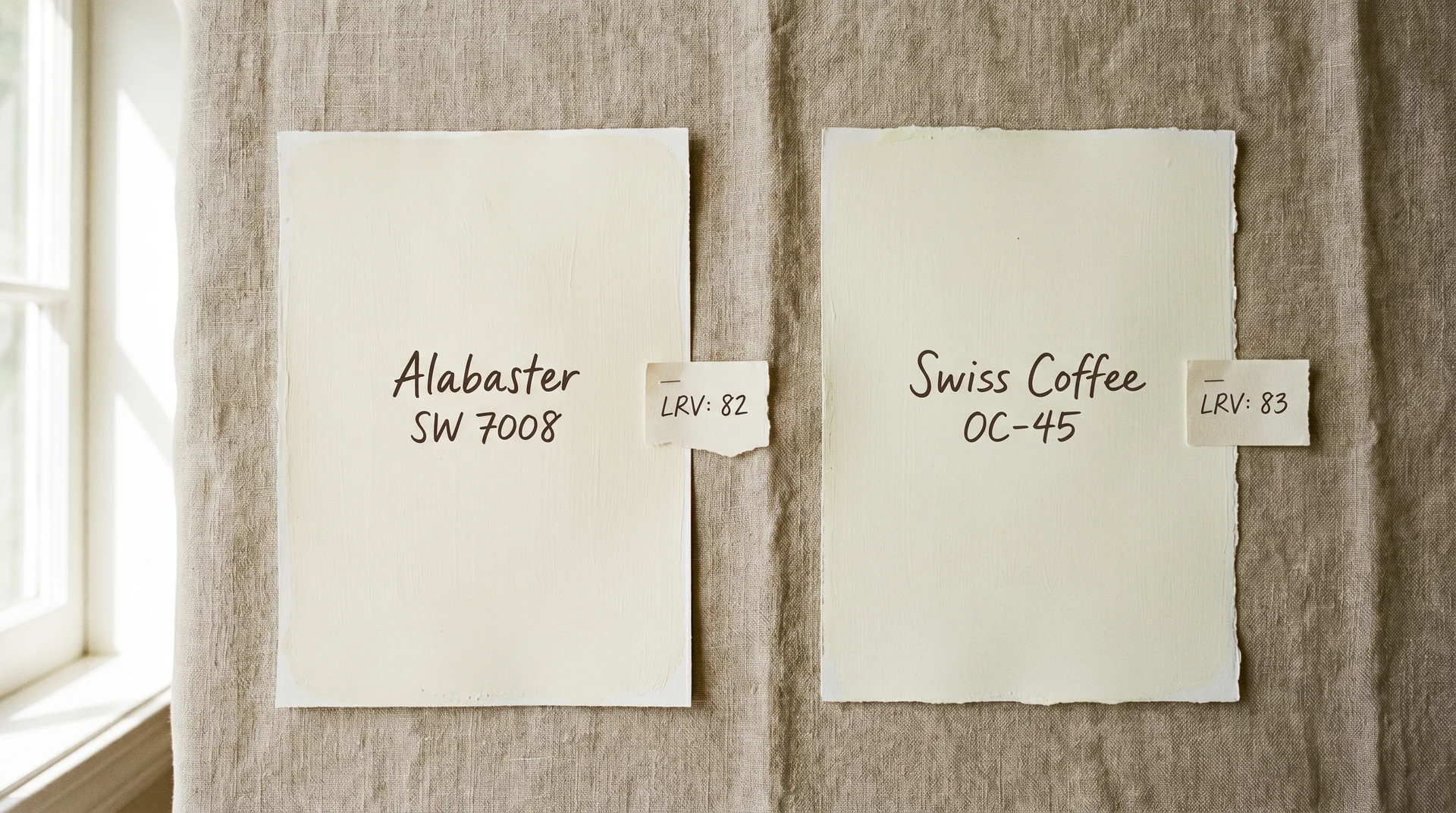 Alabaster SW 7008 and Swiss Coffee OC-45 paint swatches compared on linen in natural window light