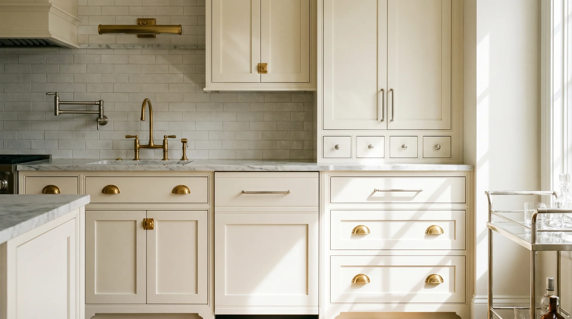 Brass and nickel hardware paired with warm white cabinetry