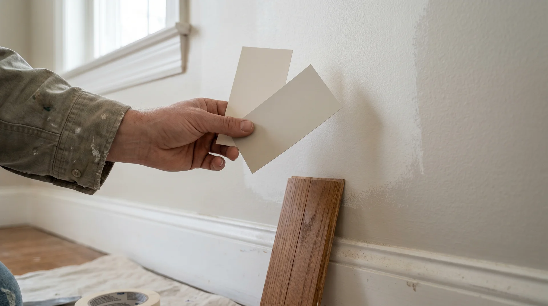 Hand holding paint swatches against a wall swatch with flooring sample for comparison in natural light