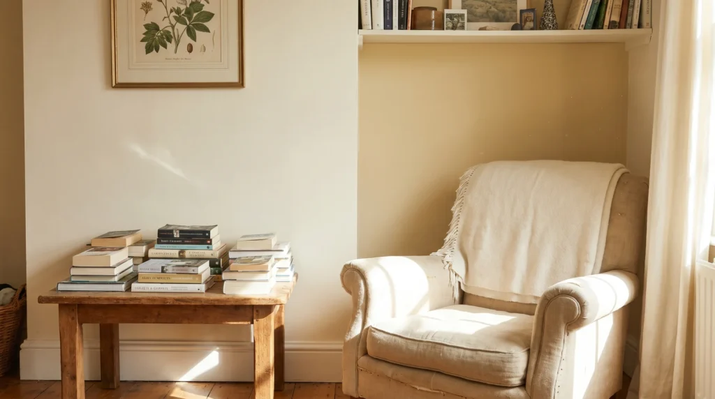Living room corner showing two off-white paint colors side by side in warm afternoon light