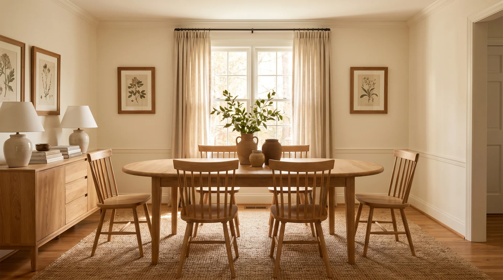 Natural oak furniture against warm white painted walls