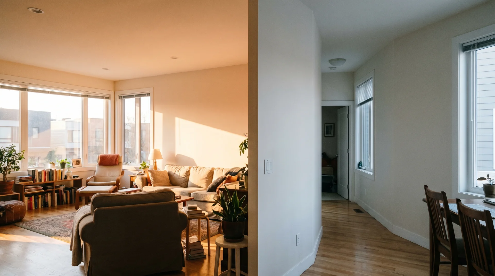 Open-plan interior showing the same off-white paint in warm south-facing light versus cool north-facing light