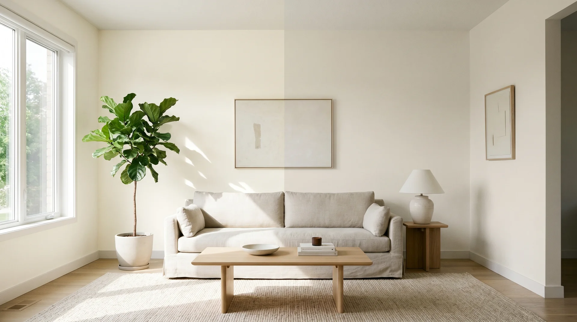 Two warm white paint colors with similar brightness but different undertones