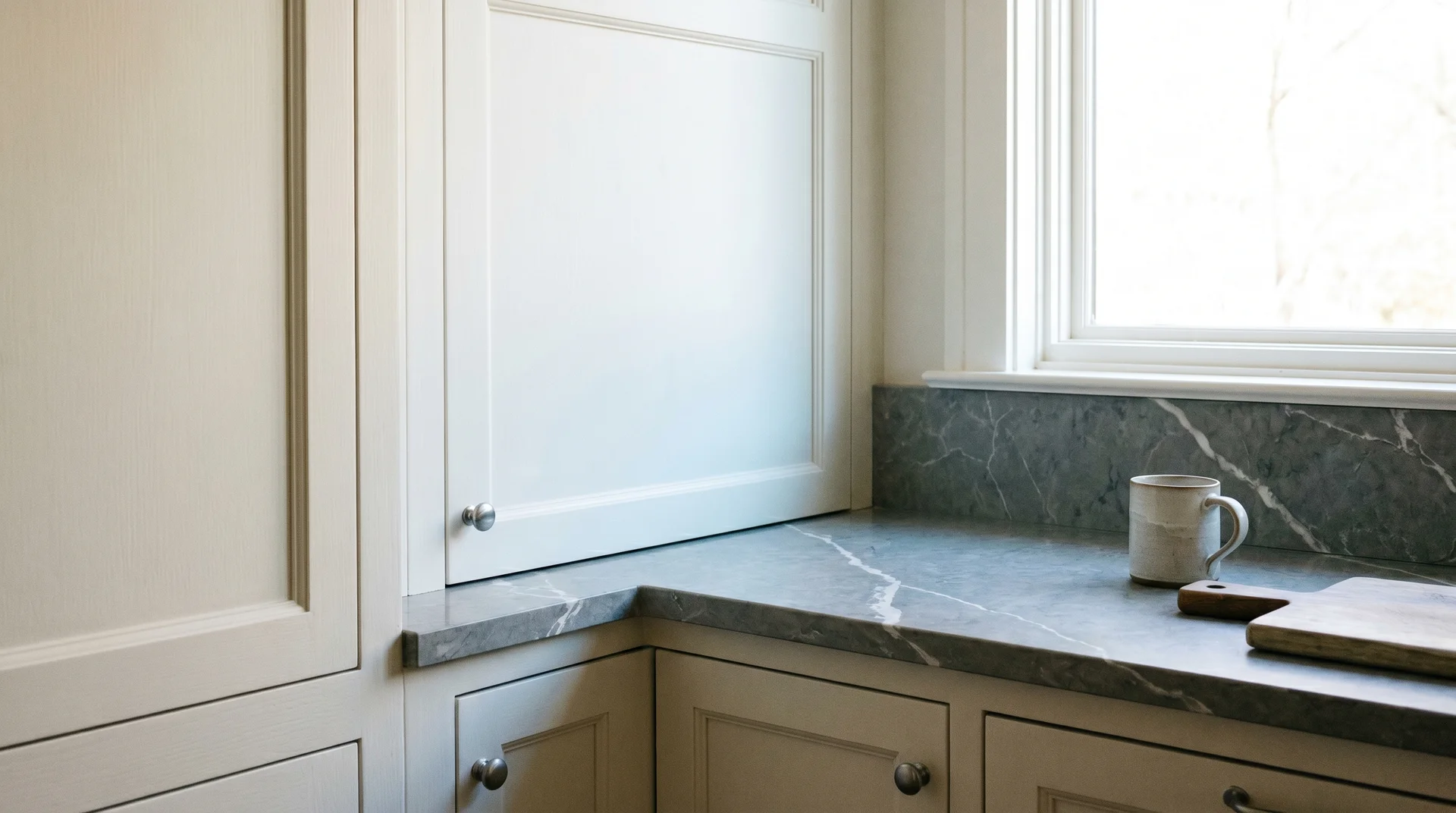 Warm white cabinets paired with cool gray quartz countertops