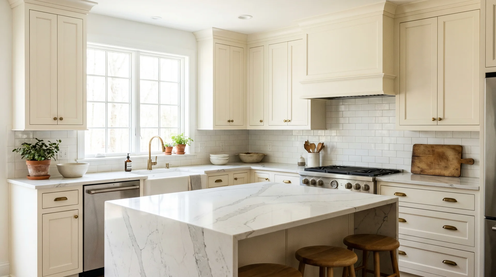 Warm white kitchen cabinets beside quartz countertops