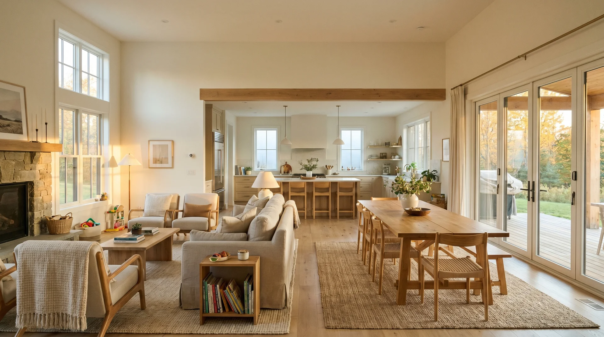 Warm white paint used throughout an open-plan home