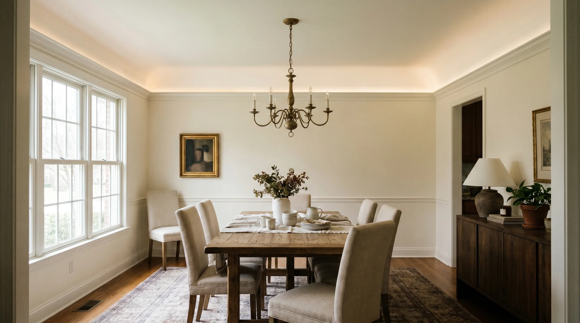 Warm wrhite walls paired with a lighter ceiling colo