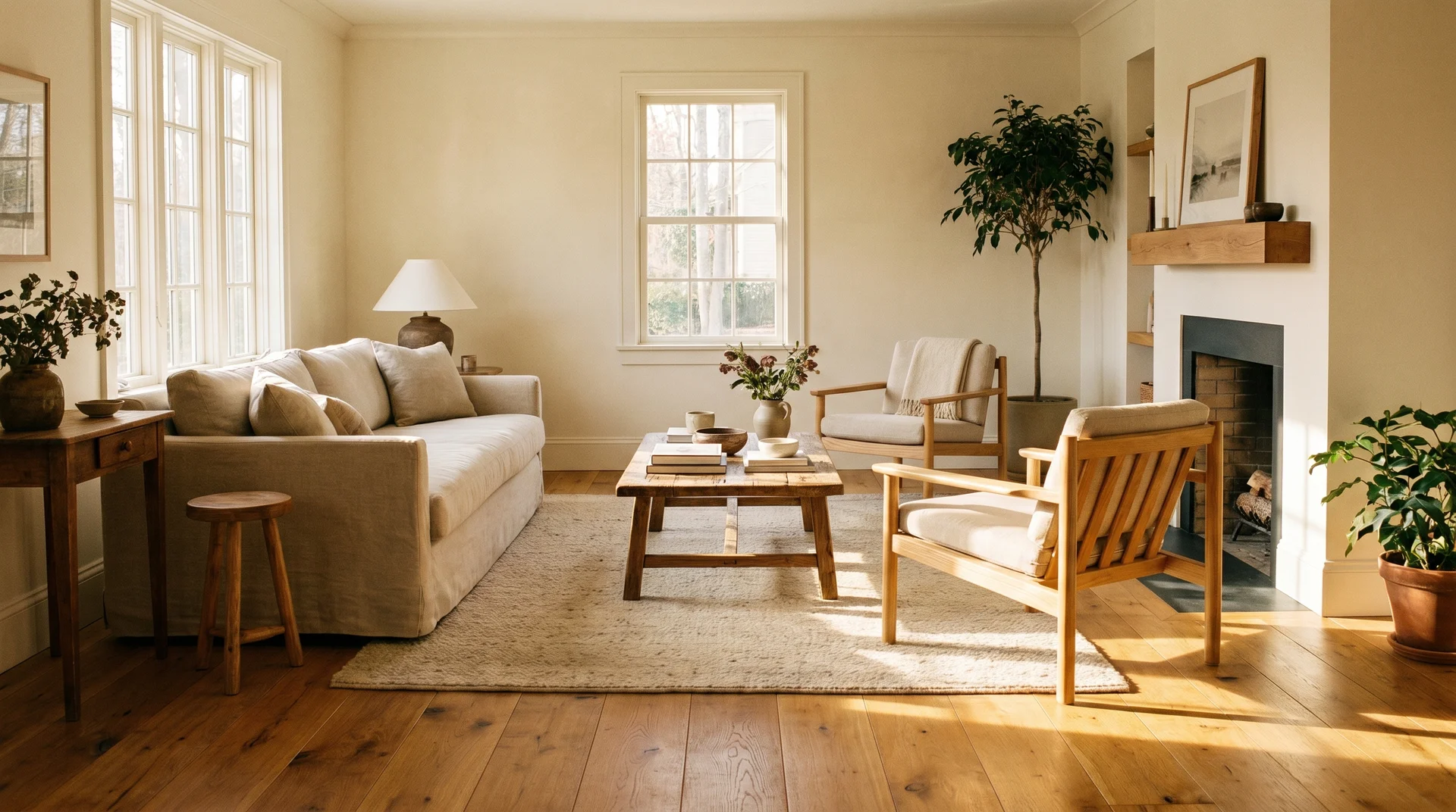 Warm wood flooring interacting with creamy white walls